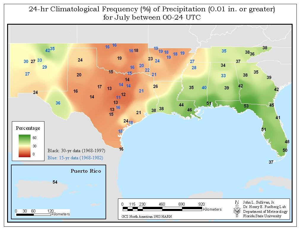 7 Fig. 5. Climatological rainfall frequencies for July for the 24-h period 00-24 UTC. 3.