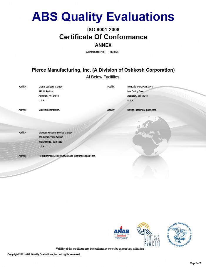 Certification Pierce Appleton Pierce Manufacturing, Inc.