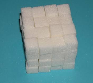 A block made from 64 sugar cubes is 4 cm on a side and has a surface area of 6 x 16 cm 2 or 96 cm 2 and a volume of 64 cm 3.