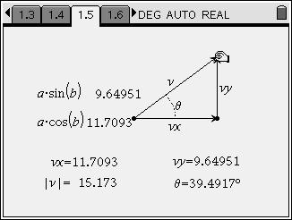 Step 2: Next, students should move to page 1.5, which again shows vectors v, vx, and vy. This simulation also shows the length of vector v and the angle (θ) between v and vx.