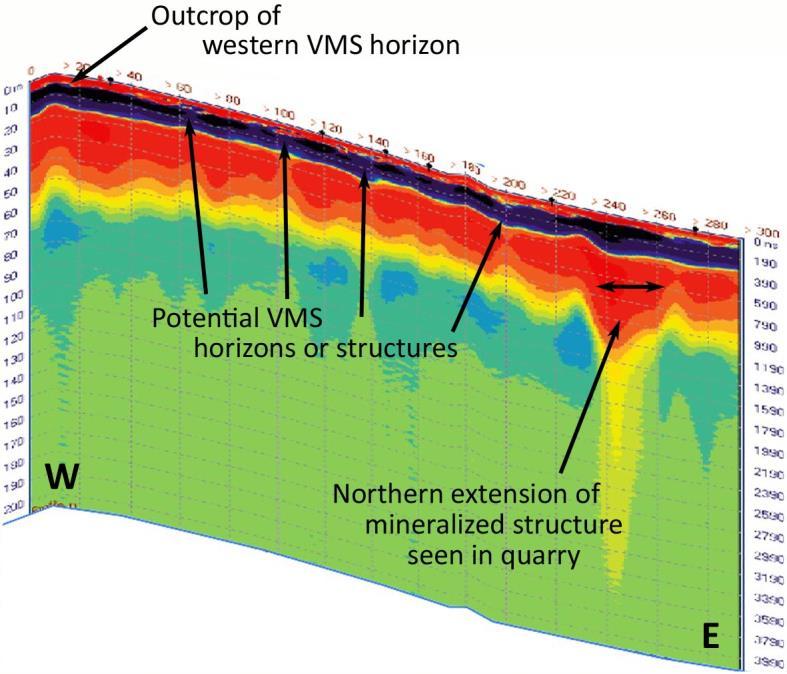 significant anomalous response toward its eastern end, which may be coincident with the weakly mineralized structure identified in the modern pigment quarry (see figure 7).