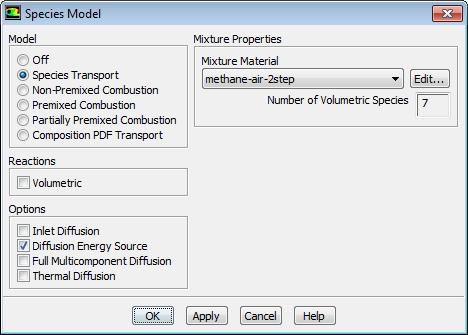 Step 6: Solution 1. Modify the species model. Models Species Edit... (a) Disable Volumetric from the Reactions list. (b) Click OK to close the Species Model dialog box.