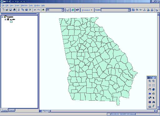ArcMap makes an entry in the Table of Contents and displays the polygons with a default fill color A single layer You can easily interrogate the data for Georgia Select the