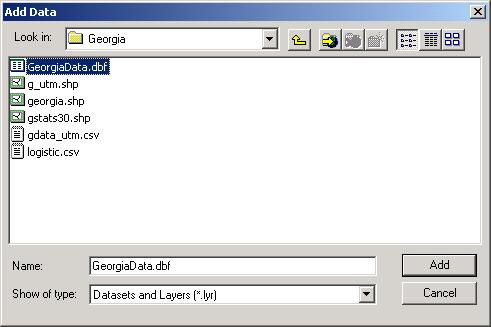 We click on the Add Data icon once more and select the file GeorgiaData.