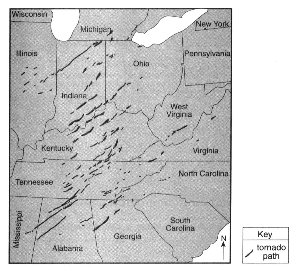 Base your answers to questions 43 through 46 on the map below, which shows a portion of the United States where 148 tornadoes occurred during a 24-hour period in April 1974.