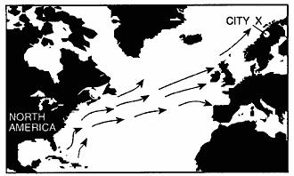 28. Arrows on the map represent ocean currents. 30. The arrows labeled A through D on the map below show the general paths of abandoned boats that have floated across the Atlantic Ocean.