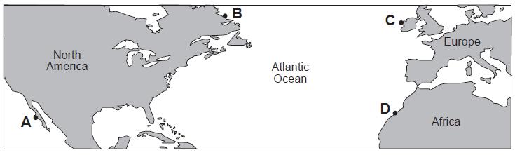 13. The map below shows four coastal locations labeled A, B, C, and D. The climate of which location is warmed by a nearby major ocean current? A) A B) B C) C D) D 14.