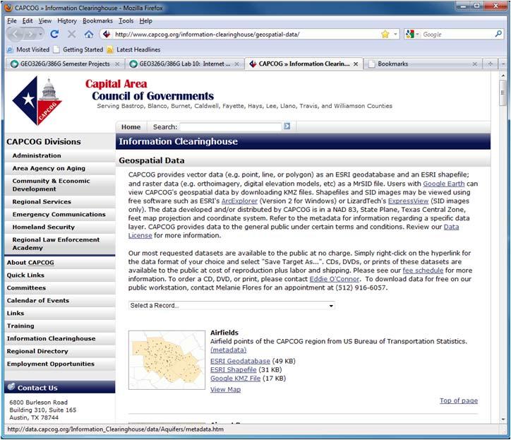 Data Collection Data for this project was obtained from the Capital Area Council of Governments Information Clearinghouse (www.capcog.
