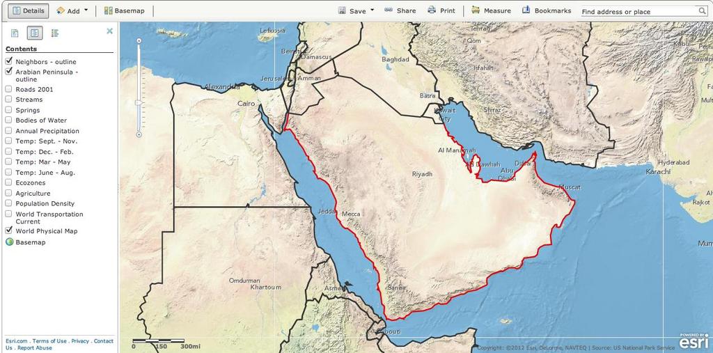 display on the map. 10. Pan around the map to look at where the streams are located on the Arabian Peninsula.