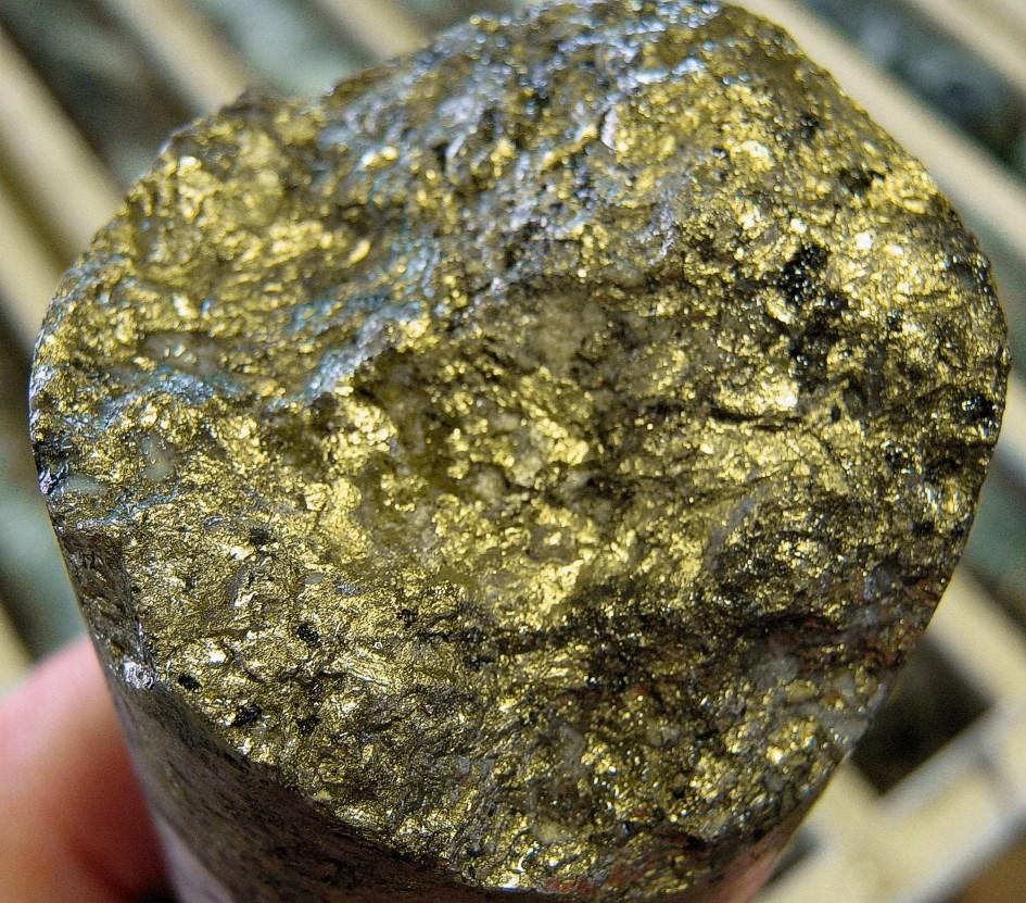 Figure 2: Diamond drill core DODH471 (wet core) showing massive sulphides chalcopyrite and pyrite in calcite/quartz breccia at approximately 246m - chalcopyrite contains 34.