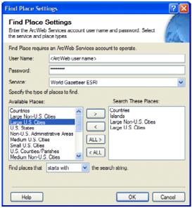 Find place task Find places by name provided by ArcWeb Services Control provides textbox to enter place name Results provided