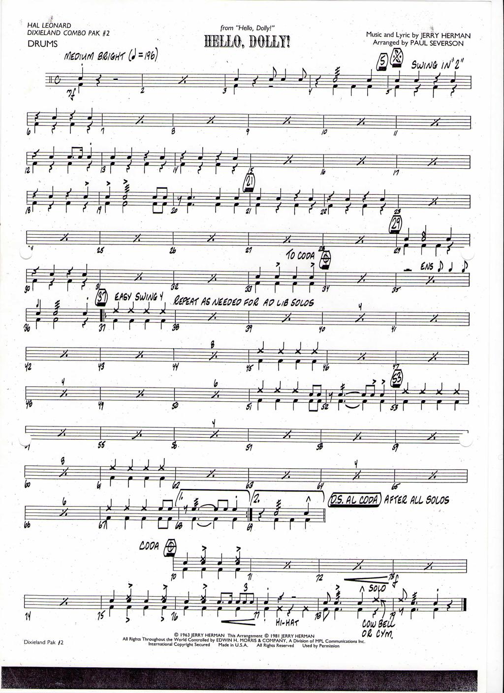 HAL LEONARD DIXÍELAND COMBO PAK. J2 DRUMS from "Helio, Dolly!" Music and Lyric by JERRY HERMÁN Arranged by PAUL SEVERSON *s 53 if r / r? rr 7 0 í' /f // r ± *s y _, s f r r \s r <r* l/.