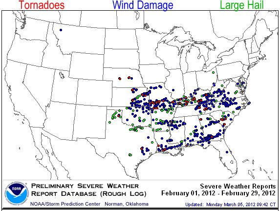 According to preliminary data from NOAA s Storm Prediction Center, there were 57 tornado reports during February, nearly twice the NORMAL number of tornadoes for the month.