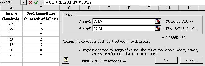Excel Manual 183 Solution: Click on an empty cell near the table of data entered into an Excel spreadsheet and insert the CORREL function.