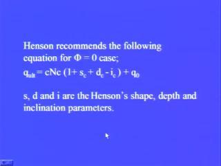 (Refer Slide Time: 27:10) Henson recommends, the following equation for phi equal to 0 case, that is equal to q ultimate cnc in