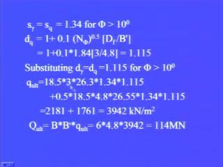 (Refer Slide Time: 45:00) S gamma and sq will be equal to 1.34 for phi equal phi greater than 10 degrees and dq will be equal to 1 plus point 1 N phi to the power 0.5 Df upon B dash.
