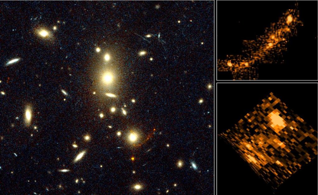 Galaxy Cluster Cl1358+62 The reddish arc is a lensed image of a background galaxy with z=4.