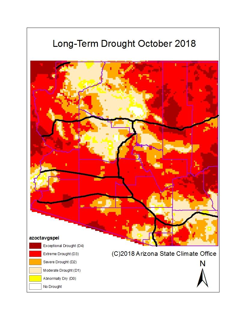 The long-term drought map for October shows hydrologic drought, and it is based on precipitation and evaporation using the Standardized Precipitation Evaporative Index (SPEI) over the past 24-, 36-,