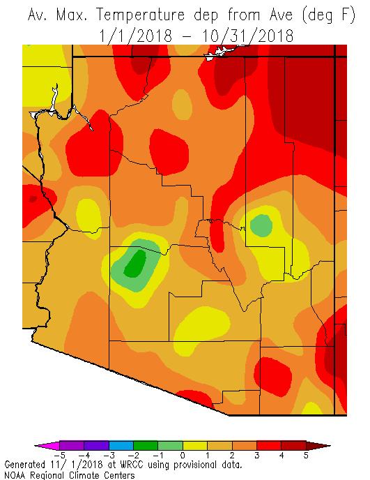 Calendar Year 2018 Calendar year minimum temperatures across Arizona have been 1 to 4 o F warmer than average, with northern Mohave County, eastern Cochise, western Gila and eastern Yavapai