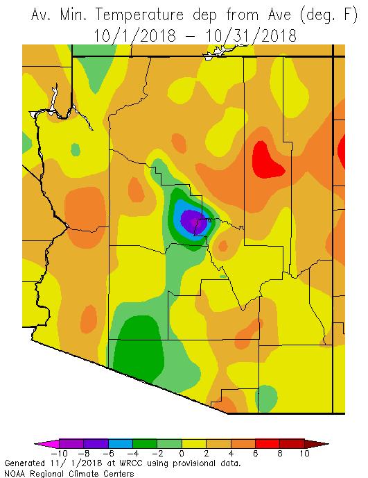 2019 Water Year Nighttime temperatures were 2-4 o F warmer than average across northern and western Arizona while central and south central Arizona ranged from 2 o F warmer to 4 o F cooler than