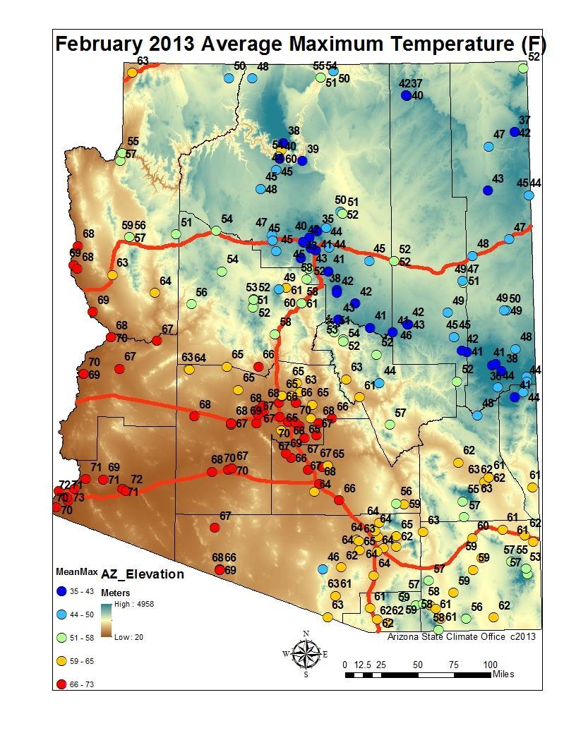 February 2013 Temperature, Dew Point, Wind Speed, and Precipitation Maps are based on preliminary data from the National Weather Service, the Arizona Meteorological Network (AZMet), operated by the