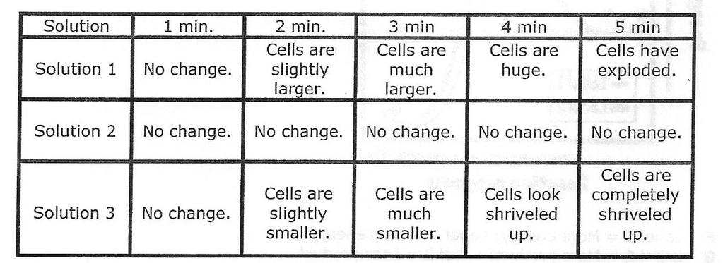A technician places red blood cells into 3 different solutions. Observation are recorded each minute for five minutes.