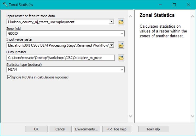 3. If you want, you can now try running the tool Zonal Statistics as Table, which allows you to select all statistics but the tabular output must be joined (using the zone field) back to the geometry