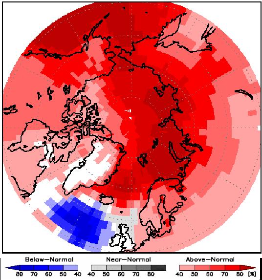 White areas in Figure 4 represent regions where the forecast was inconclusive, shown over Greenland with an exception of the northern region where there is at least 40% chance for above normal