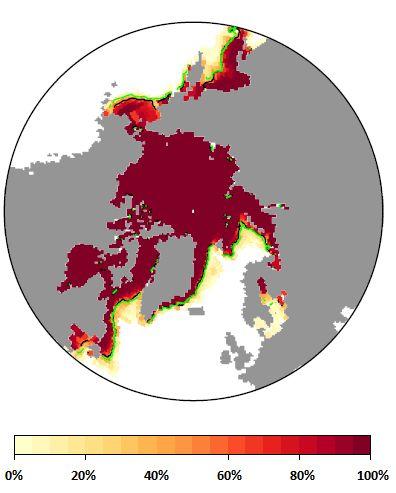 March 2019 Sea Ice Extent: Figure 11: March 2019 probability of sea ice at concentrations greater than 15% from CanSIPS (ECCC).
