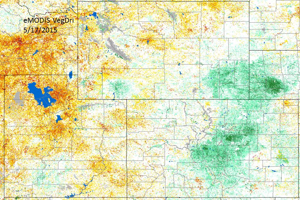 The bottom image shows satellite derived vegetation from the VegDRI product (which updates on Mondays).