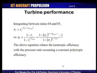 (Refer Slide Time: 42:27) So, if you integrate between states 4 and 5, which is corresponding to turbine inlet and turbine exit, then we get a definition of isentropic efficiency of a turbine in