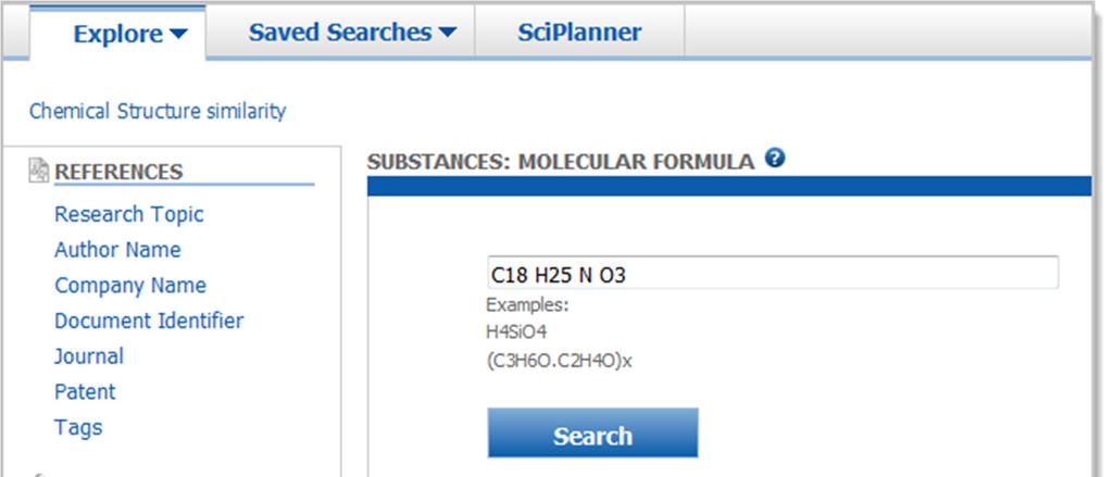 C. Search by Molecular Formula To begin, click Molecular Formula. Enter the molecular formula into the query box. Click Search. Click a to access context specific online help.