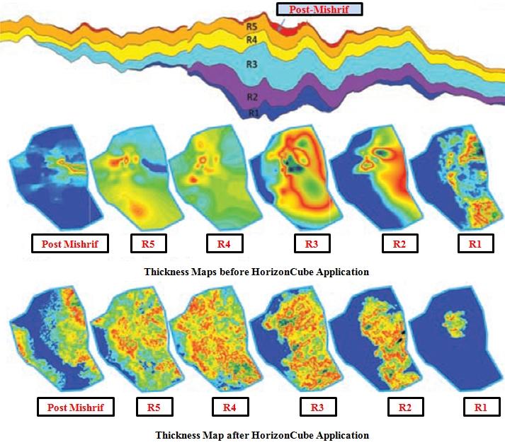 Fig -6: Low frequency models of 2 horizons (above) & 21 Horizons (below) overlying the seismic data Fig-4: Thickness maps of depositional sequences before and after application of the HorizonCube In