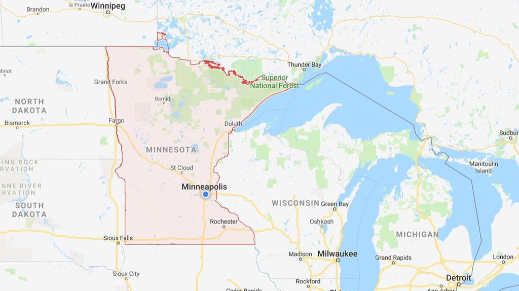 Minnesota is located between the Dakotas and Wisconsin, north of Iowa, and south of Manitoba and Ontario.