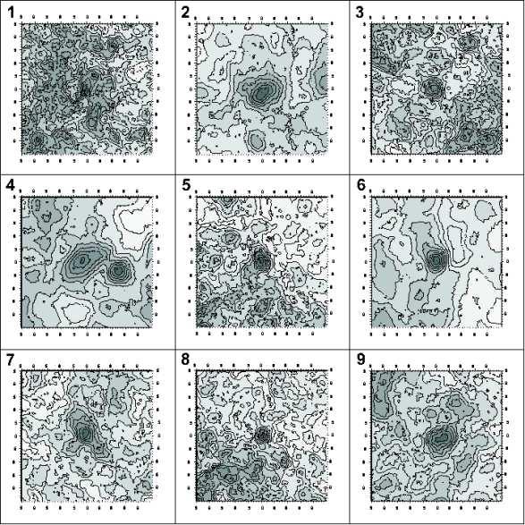 Figure 6: Surface Density Maps from 2MASS for the nine fields under study. Numbers in the upper-left corners indicate the cluster label, in agreement with Table 1.