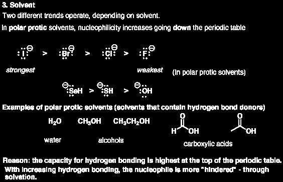 Solvent effects: The Nucleophile 13 Nucleophilicity can be affected by solvent Polar protic solvents cause nucleophilicity to