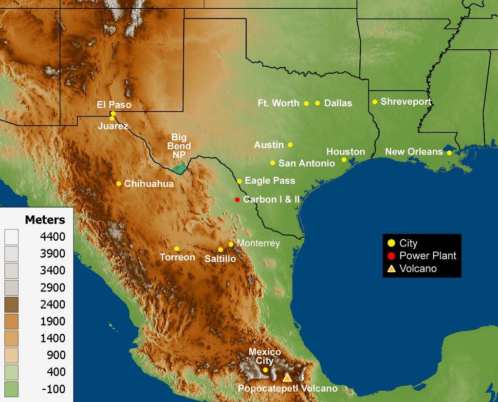 Figure 1. A terrain map of Texas and Mexico as well as some major cites and points of interest to the BRAVO study.