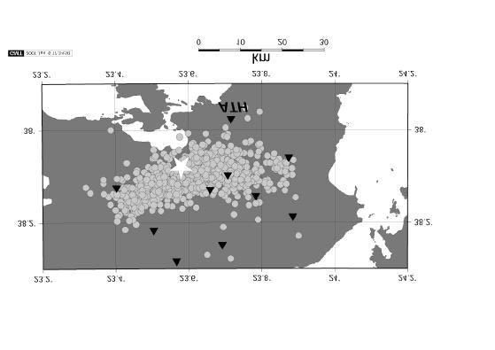 Figure 1. Map showing the epicentre distribution of the aftershock sequence of the Athens earthquake (7/9/99, 5.9 Ms). Bright star denotes the epicentre of the mainshock.