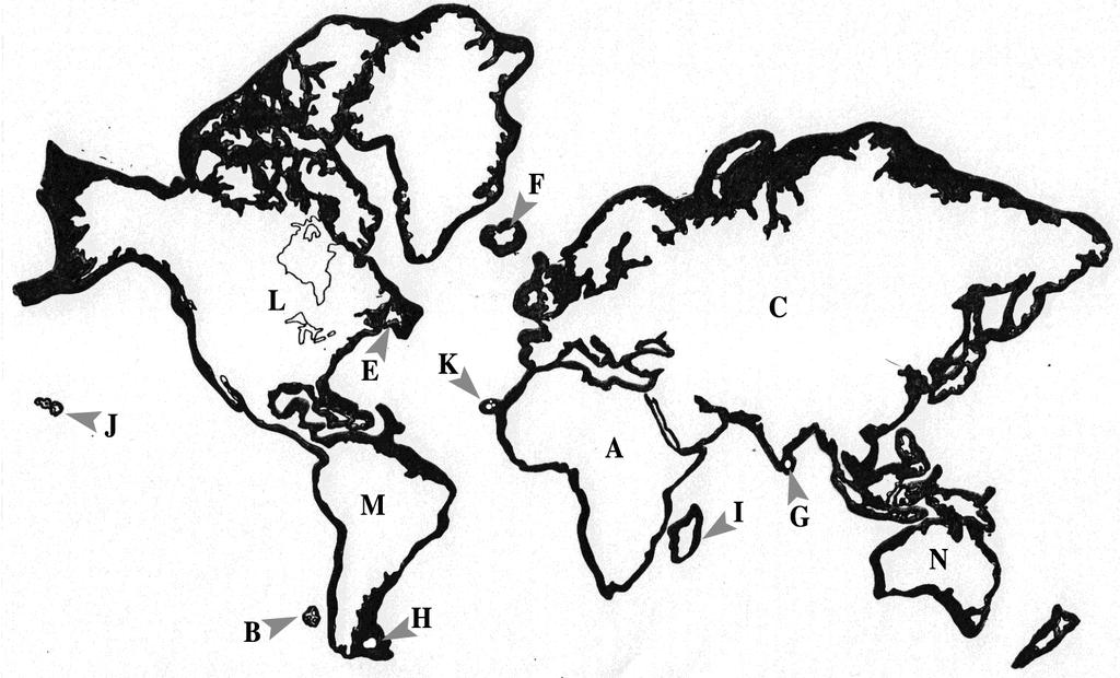 3. Use the letters on the following map, which illustrates the extent of the continental shelf in black, to answer questions a. through j. below. In each case, feel free to justify your answer.