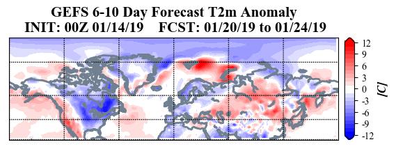 Figure 6. Forecasted surface temperature anomalies ( C; shading) from 20 24 January 2019. The forecasts are from the 00Z 14 January 2019GFS ensemble.