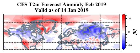 I include in this week s blog the monthly 500 hpa geopotential heights (Figure 13) and the surface temperatures (Figure 14) forecast for February from the Climate Forecast System (CFS; the plots