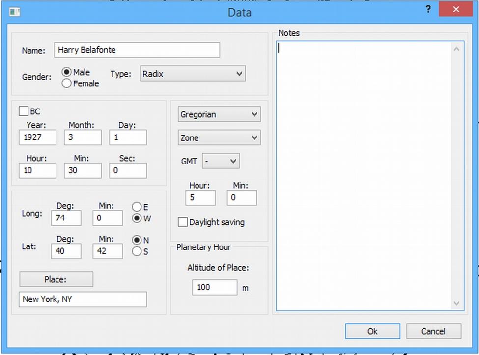 1) Enter your chart data - here is a snapshot of the data entry screen for a natal chart.