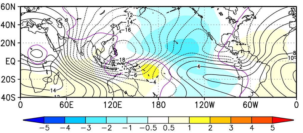 Positive (wet) anomalies are predicted in the latitudinal band 10-20N from the central to eastern Pacific in association with abovenormal SSTs.