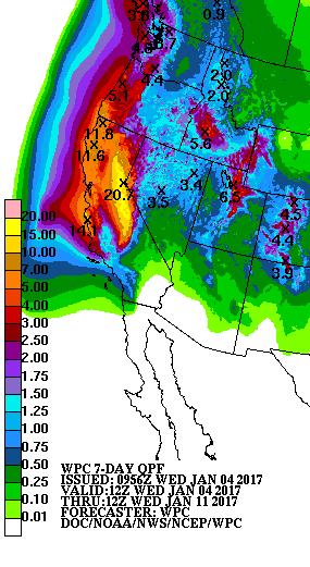 7-day precipitation forecasts range from ~11 inches at lower elevations to 20.