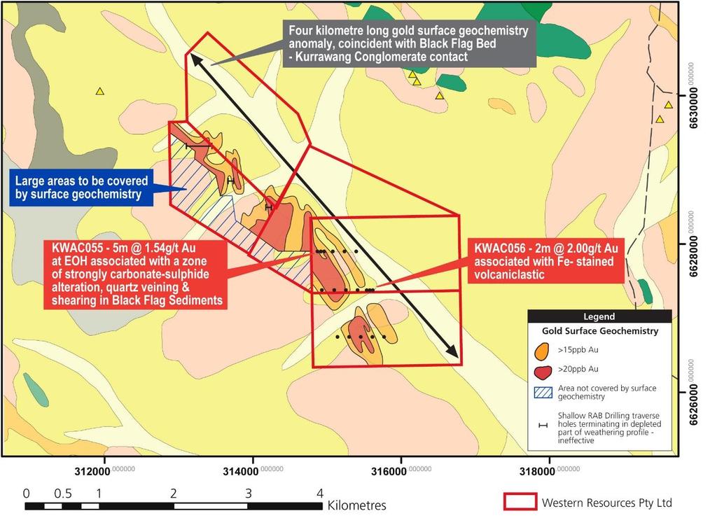 Historical drill testing undertaken over the gold anomaly was confined to a small program of shallow RAB holes drilled by a Toyota mounted Edson RAB drilling rig over a small area in the northern