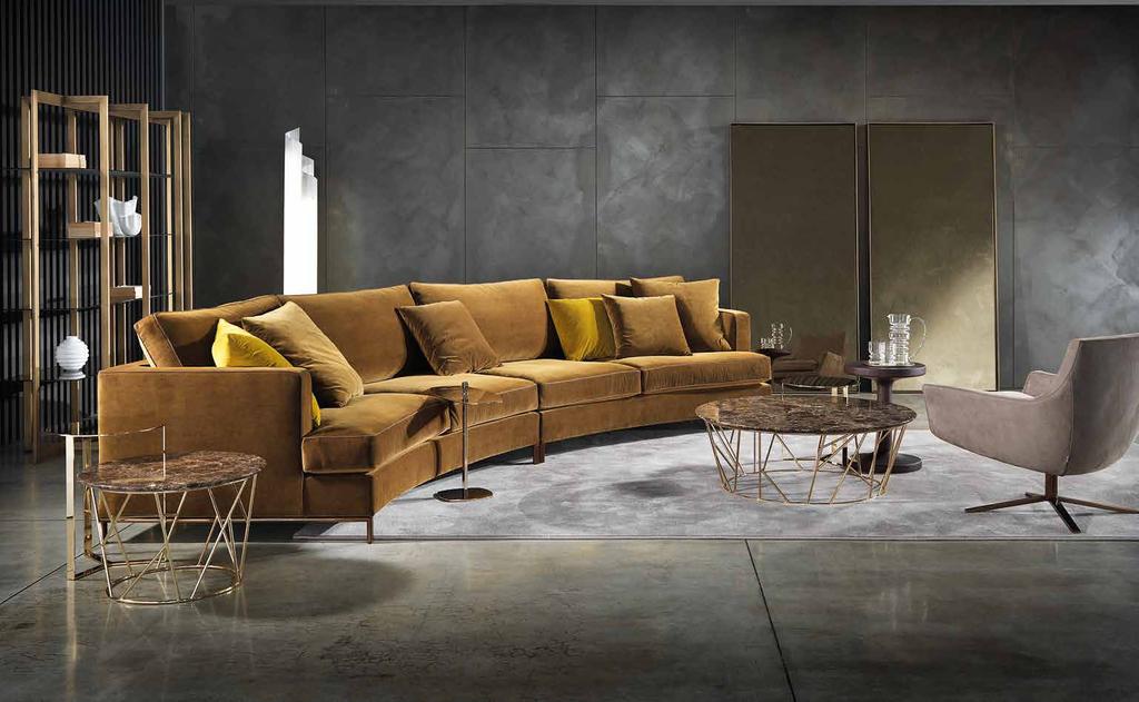 22 marelliluxury VELVET COLLECTION 23 curved composition cm 420x157xh in fabric cat. H art. Spritz Rubelli col. 18 bronzo with OPM17 bronze metal base and extra cushions in Spritz col.