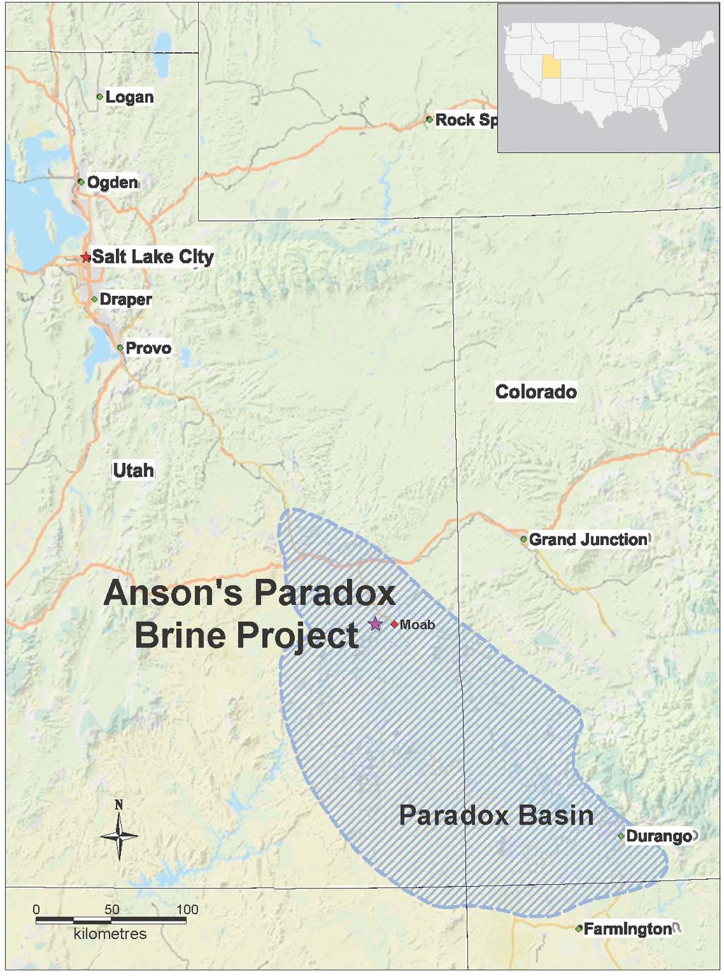 About the Utah Lithium Project Anson is targeting lithium rich brines in the deepest part of the Paradox Basin in close proximity to Moab, Utah.