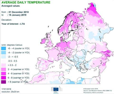 2. Agrometeorological overview Agrometeorological review (1 December 2018 15 January 2019) Slightly warmer-than-usual conditions prevailed in most of western, central and eastern Europe, the UK, and