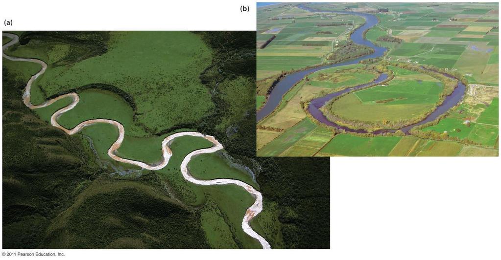 Erosion and Deposition Low Gradient Streams Near Base Level Broad loops and curves are common along the lower reaches of rivers, near their base levels. These bends, or meanders (Fig.