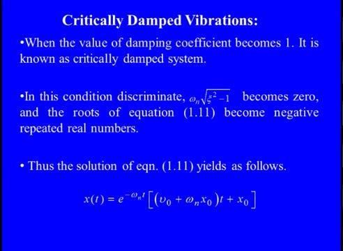 (Refer Slide Time: 31:23) So, we can simply calculate that, the final solution of such kind of equations x of t is nothing but equals to e to the power minus omega n t, this is what my oscillatory
